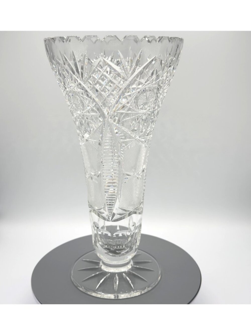 Vintage American Brilliant Cut Glass Trumpet Vase Hobstar 10"